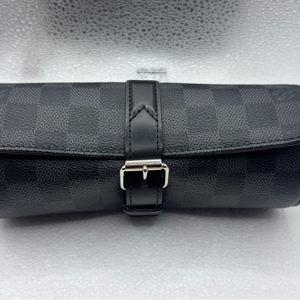 Louis Vuitton Leather Travel Pouch Black Gray Checkered Graphite